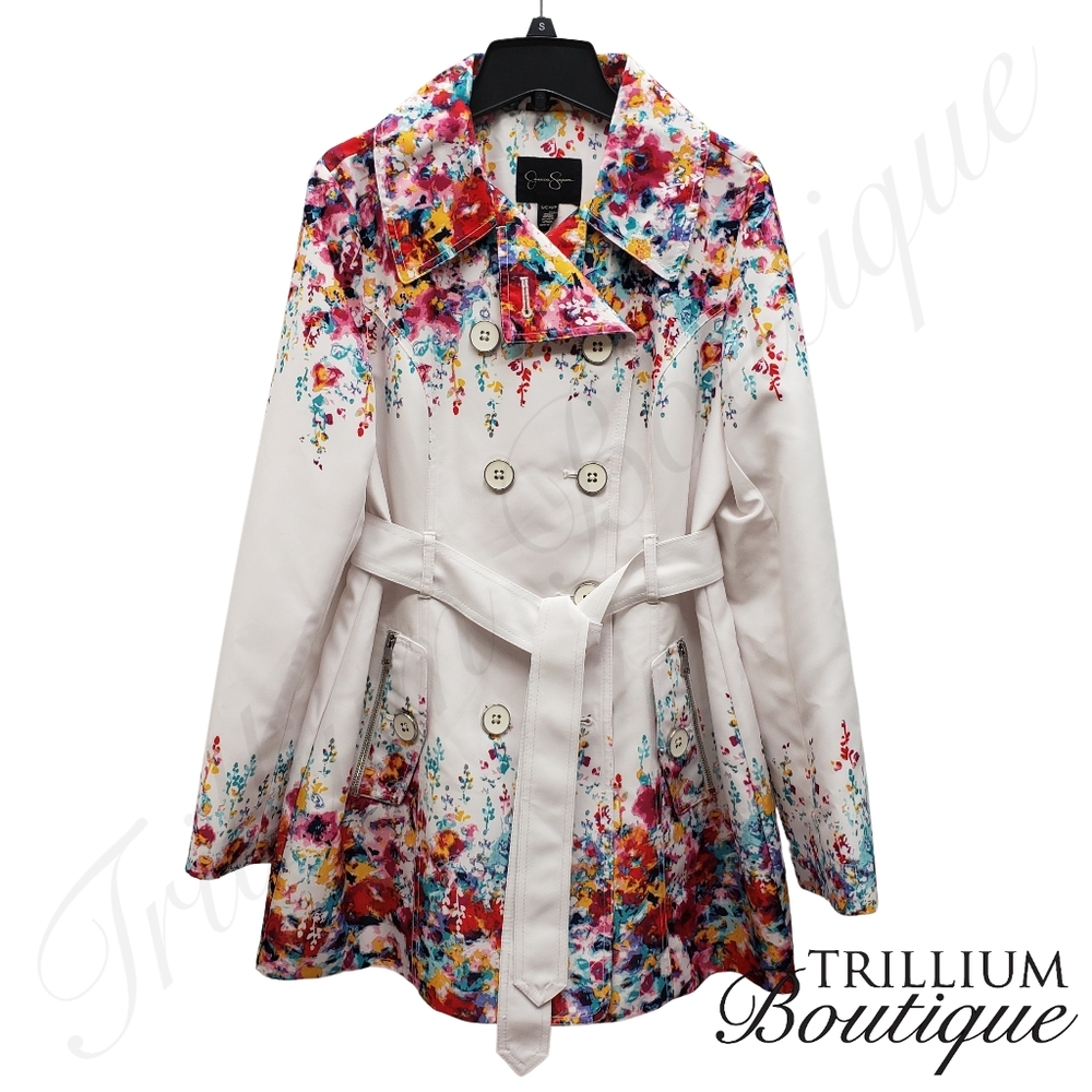 Jessica Simpson Women's Colorful Floral White Belted Trench Coat Small NWT!